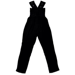 BEBE Women Black  Size M Lace & Bandage Bodice Straight Leg Jumpsuit
